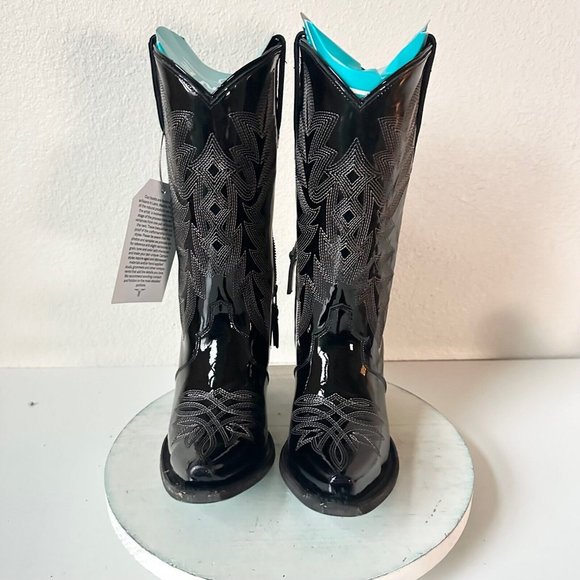 Lane Off The Record Cowgirl Western Boots Black 7.5 Cowboy Snip Toe Rodeo Midi - Picture 6 of 13